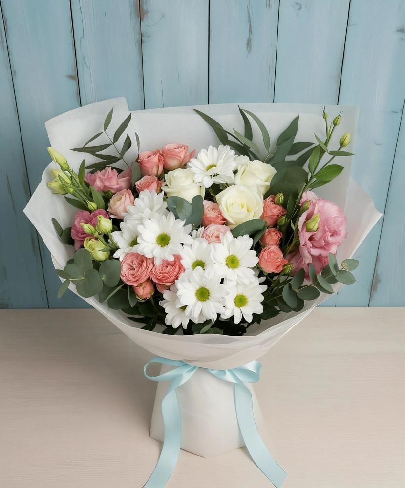 Букет цветов из: Розы, Лизиантусы и Хризантемы в Далматово
